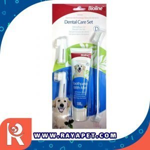 رایاپت فروشگاه آنلاین لوازم و غذای حیوانات خانگی-مسواک سگ بیولاین مدل 001 مجموعه 3 عددی به همراه خمیر دندان