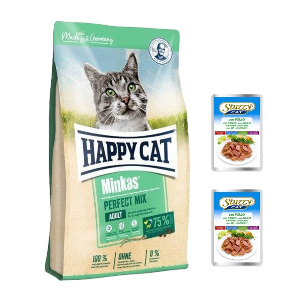 رایاپت فروشگاه آنلاین لوازم و غذای حیوانات خانگی-غذای خشک گربه هپی کت مدل Minkas Mix وزن ۱۰ کیلوگرم به همراه ۲ عدد پوچ استوزی طعم مرغ