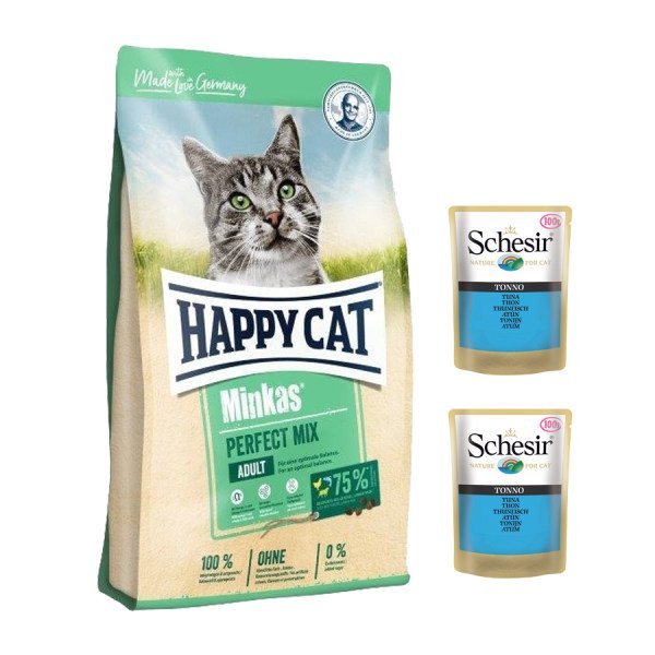 رایاپت فروشگاه آنلاین لوازم و غذای حیوانات خانگی-غذای خشک گربه هپی کت مدل Minkas Mix وزن ۱۰ کیلوگرم به همراه ۲ عدد پوچ سشیر طعم تن