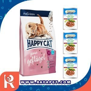 رایاپت فروشگاه آنلاین لوازم و غذای حیوانات خانگی-غذای خشک گربه هپی کت مدل ژفلوژل جونیور به همراه ۳ عدد پوچ استوزی طعم مرغ