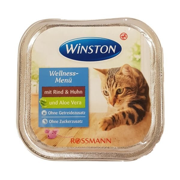 رایاپت فروشگاه آنلاین لوازم و غذای حیوانات خانگی-کنسرو غذای گربه بالغ وینستون مدل Rind & Huhn und Aloe vera وزن 100 گرم