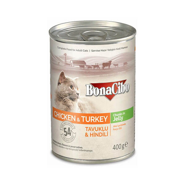 رایاپت فروشگاه آنلاین لوازم و غذای حیوانات خانگی-کنسرو غذای گربه بوناسیبو مدل Chicken & Turkey وزن 400 گرم